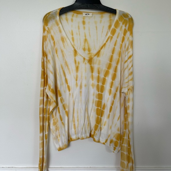 bp Tops - Yellow Tie-Dye Long Sleeve V-Neck Top